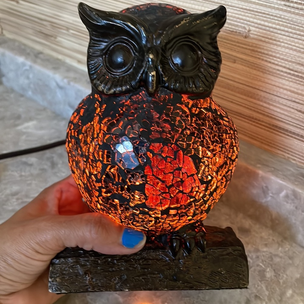 *SOLD*****Vintage Mosaic Crackle Glass Night Owl Table Nightstand Lamp